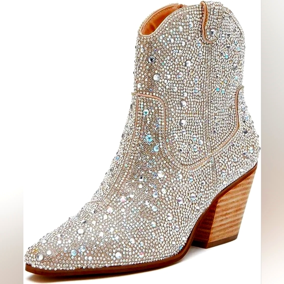 Boho Festival AB Rhinestone Western Ankle Boots - Picture 1 of 5